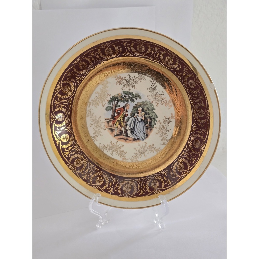 22K Gold Red Victorian Scene Plate Le Petit China (Small Chip and scratches)